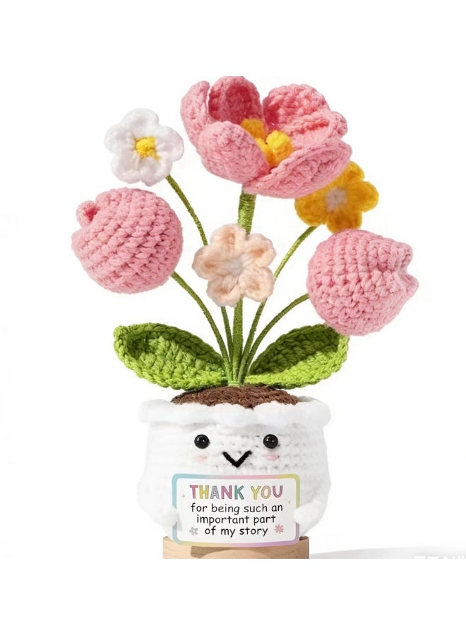 دايتويز طقم أصص زهور كروشيه مصنوع يدويًا - أصيص زهور رائع مع زهور التوليب الوردية وبطاقات شكر، مثالي لعيد الأم وعيد الشكر وهدايا ديكور المنزل. - Image 1